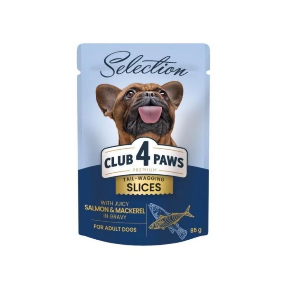 CLUB 4 PAWS Premium Plus ksky s lososom a makrelou v omke pre psov 85 g