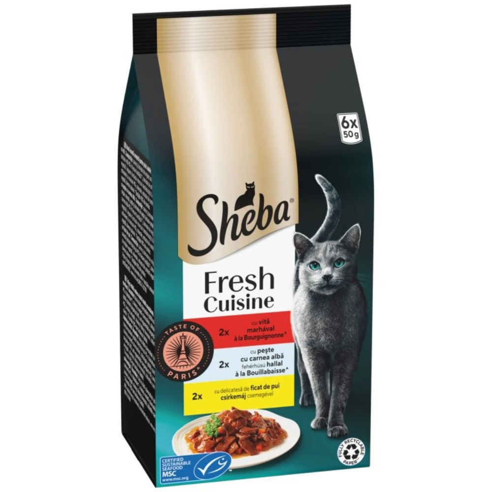 Sheba kapsi�ky fresh Cuisine s hov�dz�m, bielou rybou a kuracou pe�e�ou 6x50g