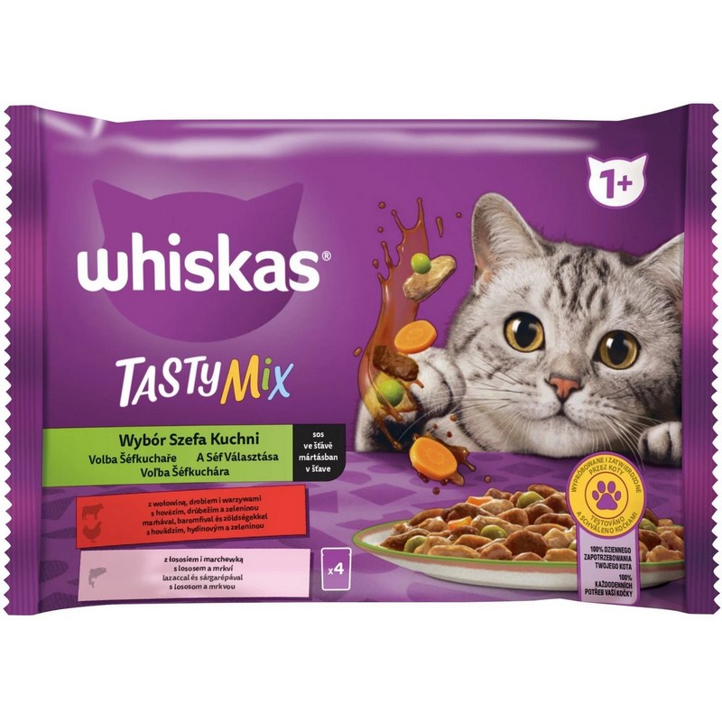 Whiskas Tasty mix v ave, hovdzie, hydina, losos a zelenina 4 x 85 g