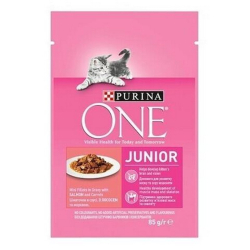 PURINA ONE Junior mini filetky s lososom a mrkvou vave 85g