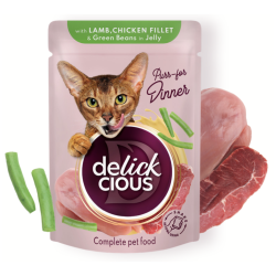 DELICKCIOUS Pltky s jahacm msom, kuracm fil a fazukou v el Pre maky 85 g